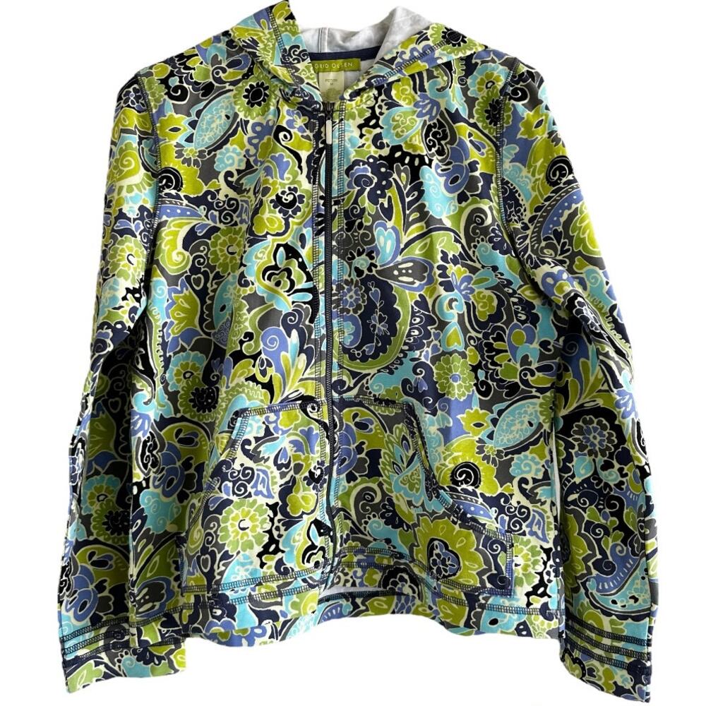 Sigrid Olsen Full Zip Hoodie Jacket Paisley Lime Life Floral Pocket Green Medium